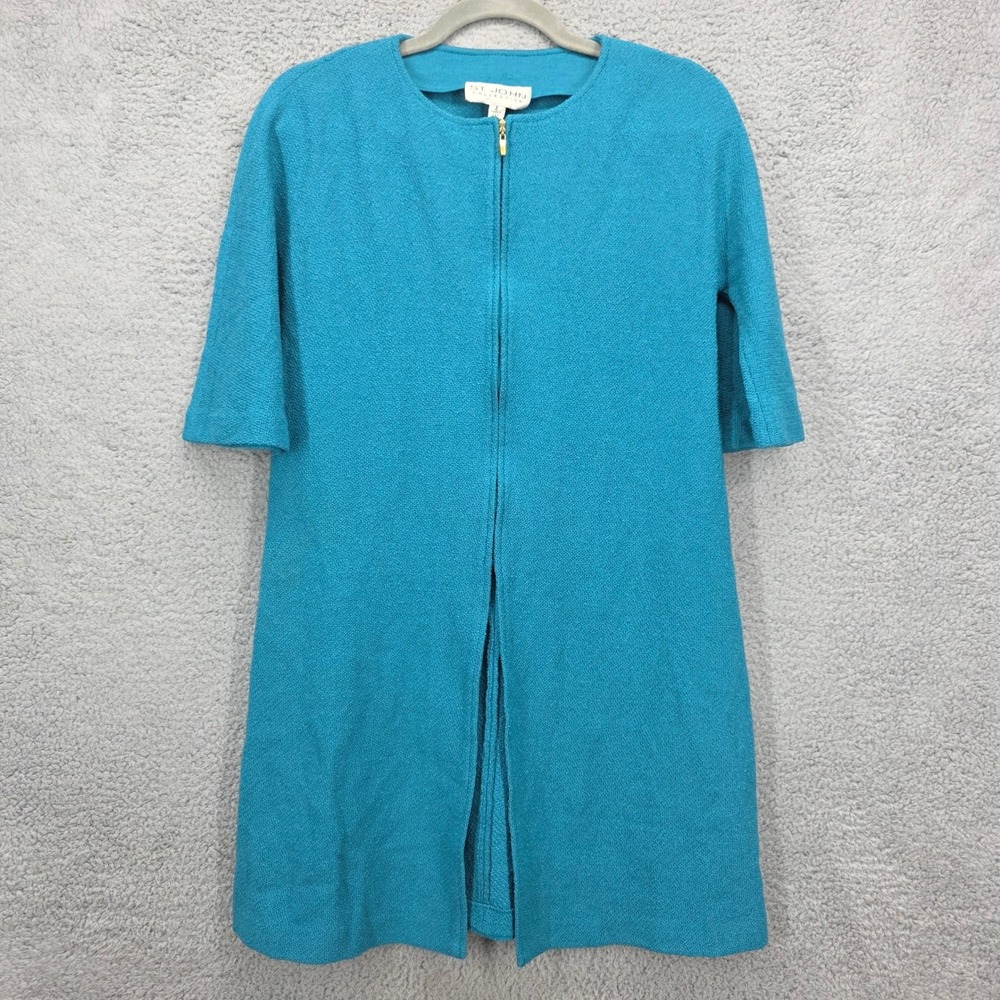St John Collection Teal Textured Knit Zip Front Cardigan Coatigan Jacket Size 2